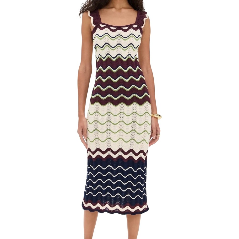 Tanya Taylor Leigh Dress Multi Color Chevron Pointelle Knit Midi Small New